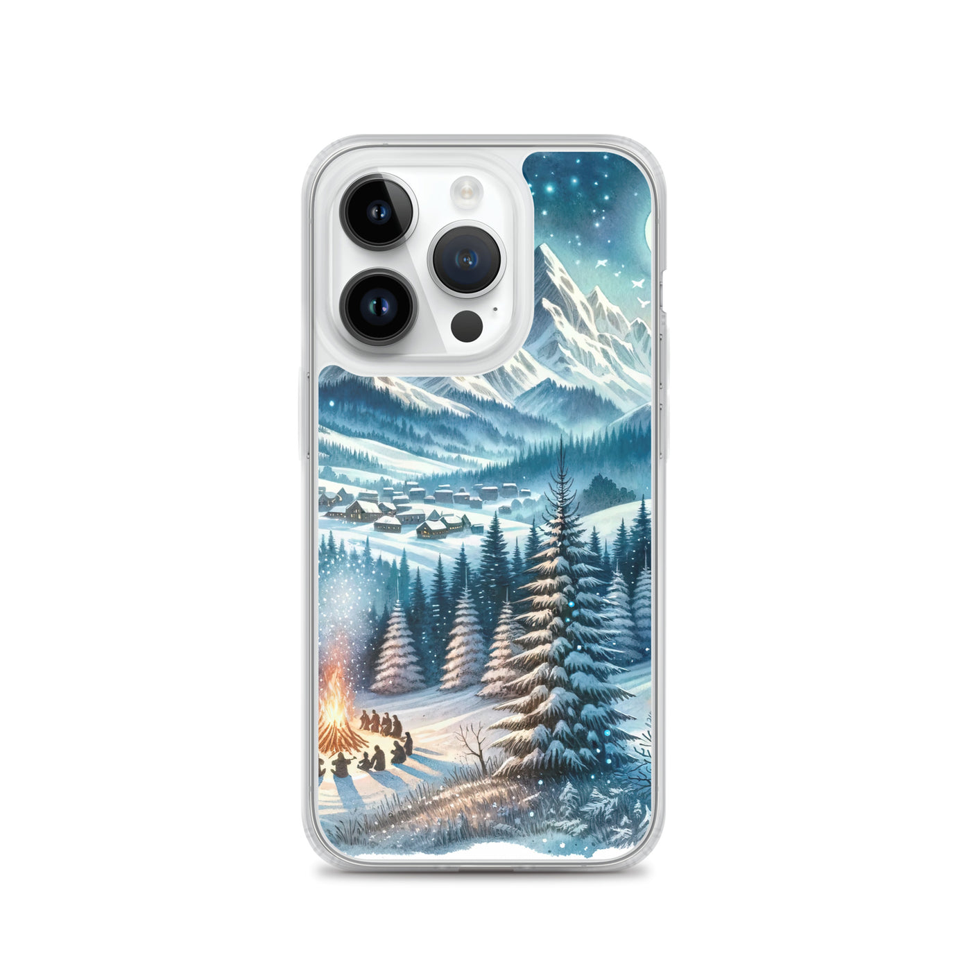 Aquarell eines Winterabends in den Alpen mit Lagerfeuer und Wanderern, glitzernder Neuschnee - iPhone Schutzhülle (durchsichtig) camping xxx yyy zzz iPhone 14 Pro