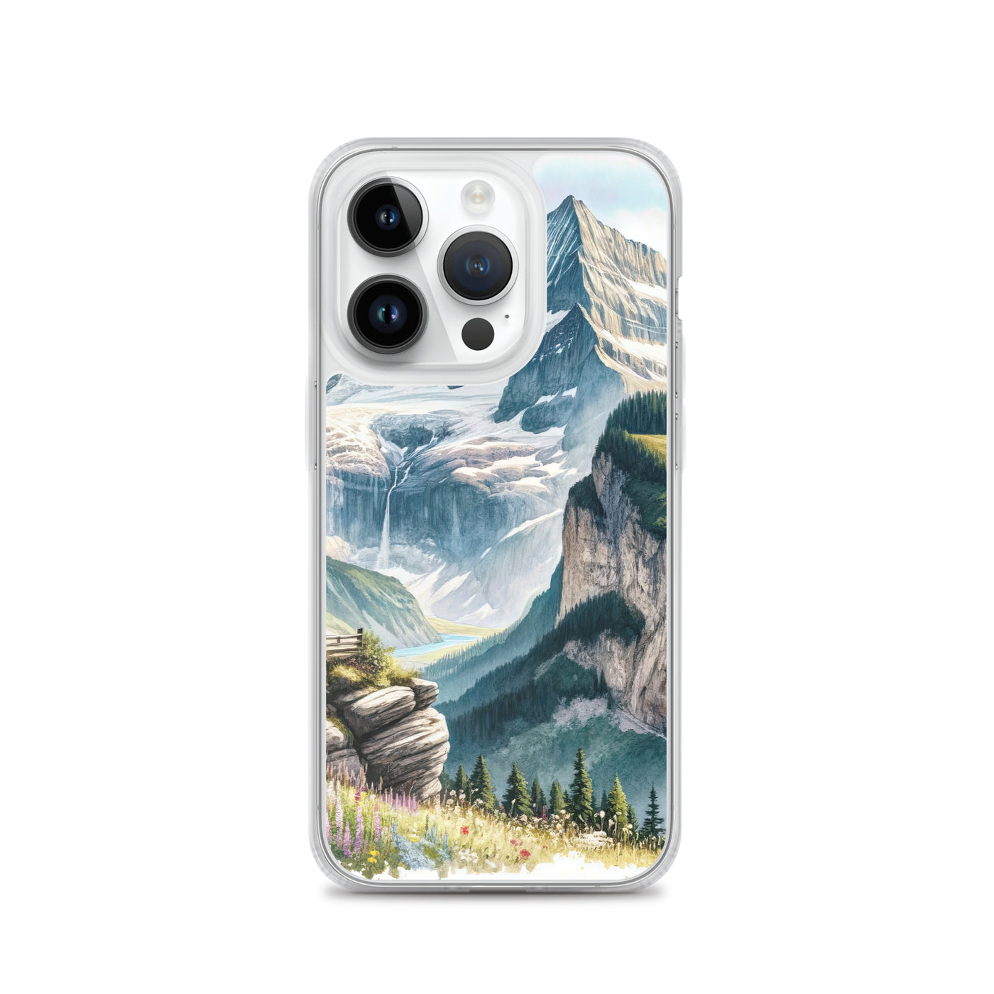 Aquarell-Panoramablick der Alpen mit schneebedeckten Gipfeln, Wasserfällen und Wanderern - iPhone Schutzhülle (durchsichtig) wandern xxx yyy zzz iPhone 14 Pro