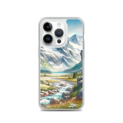 Aquarellmalerei eines Bären und der sommerlichen Alpenschönheit mit schneebedeckten Ketten - iPhone Schutzhülle (durchsichtig) camping xxx yyy zzz iPhone 14 Pro