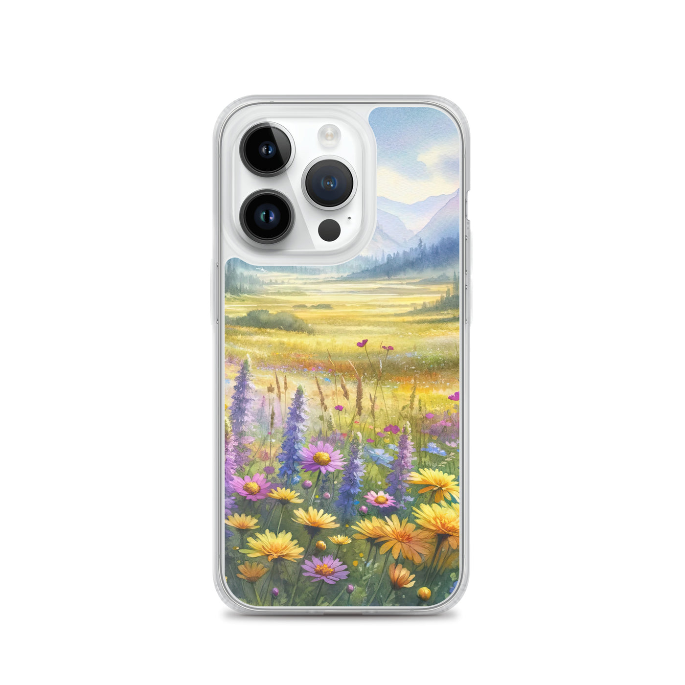 Aquarell einer Almwiese in Ruhe, Wildblumenteppich in Gelb, Lila, Rosa - iPhone Schutzhülle (durchsichtig) berge xxx yyy zzz iPhone 14 Pro