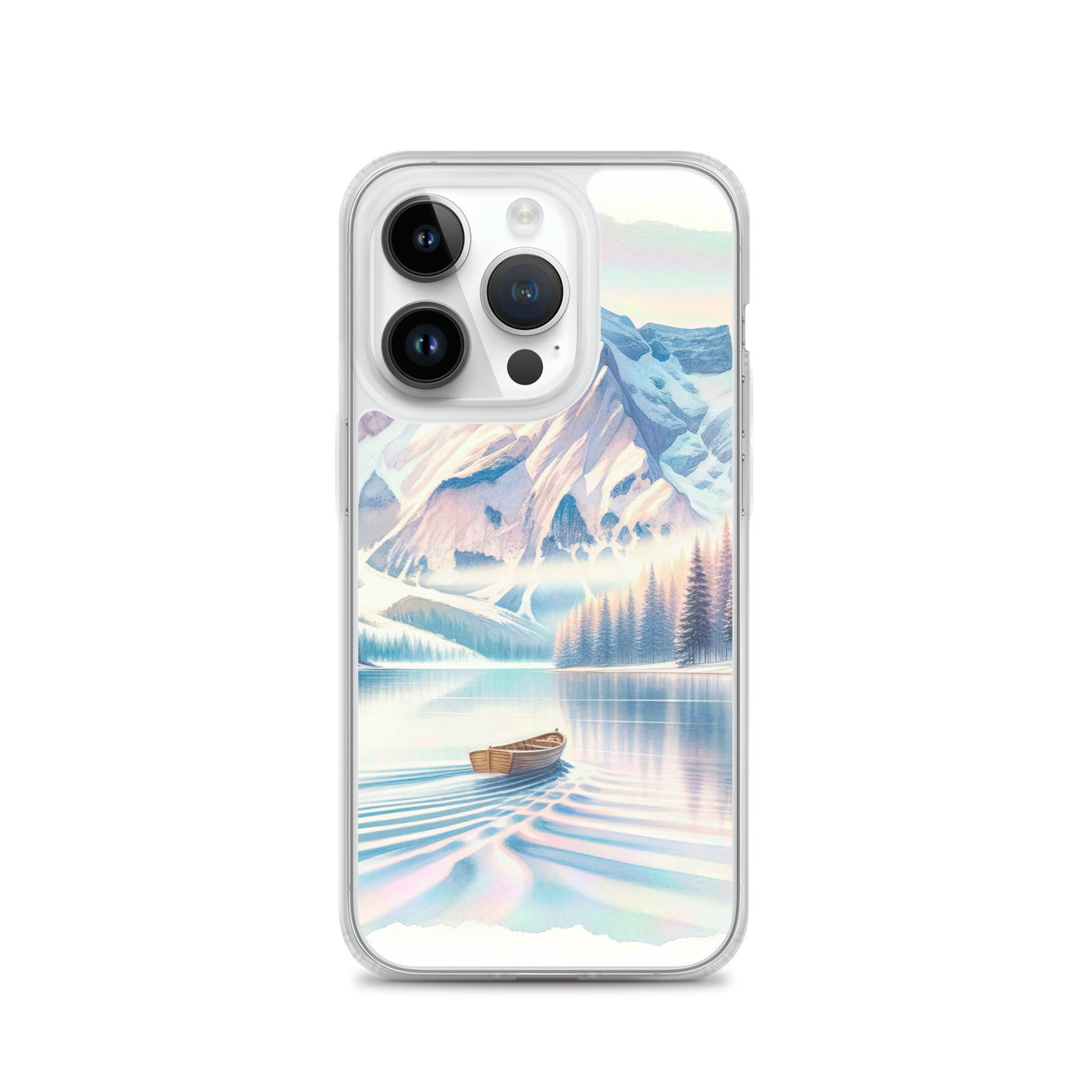 Aquarell eines klaren Alpenmorgens, Boot auf Bergsee in Pastelltönen - iPhone Schutzhülle (durchsichtig) berge xxx yyy zzz iPhone 14 Pro