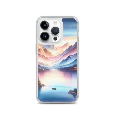 Aquarell einer Dämmerung in den Alpen, Boot auf einem See in Pastell-Licht - iPhone Schutzhülle (durchsichtig) berge xxx yyy zzz iPhone 14 Pro