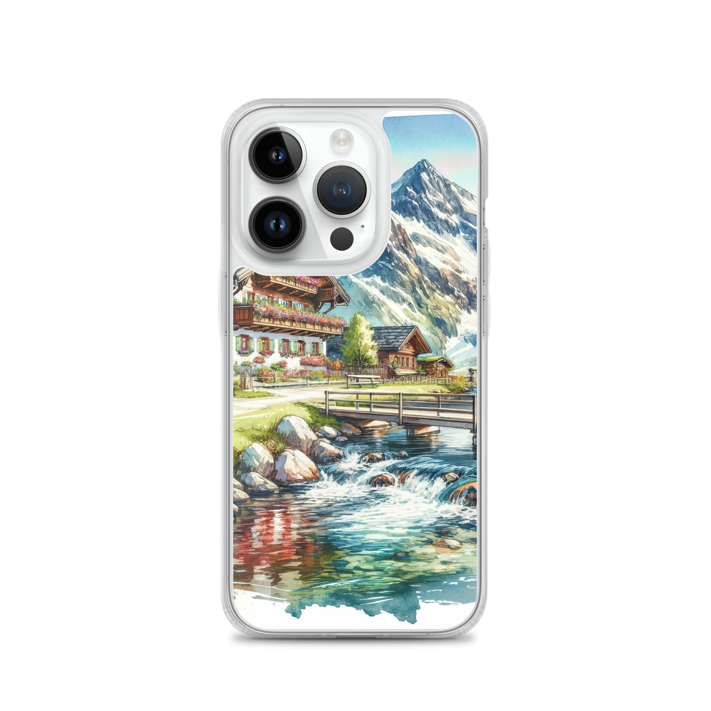 Aquarell der frühlingshaften Alpenkette mit österreichischer Flagge und schmelzendem Schnee - iPhone Schutzhülle (durchsichtig) berge xxx yyy zzz iPhone 14 Pro