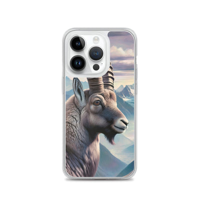 Digitales Steinbock-Porträt vor Alpenkulisse - iPhone Schutzhülle (durchsichtig) berge xxx yyy zzz iPhone 14 Pro