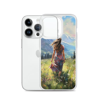 Frau mit langen Kleid im Feld mit Blumen - Berge im Hintergrund - Malerei - iPhone Schutzhülle (durchsichtig) berge xxx