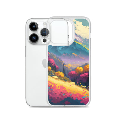 Berge, pinke und gelbe Bäume, sowie Blumen - Farbige Malerei - iPhone Schutzhülle (durchsichtig) berge xxx