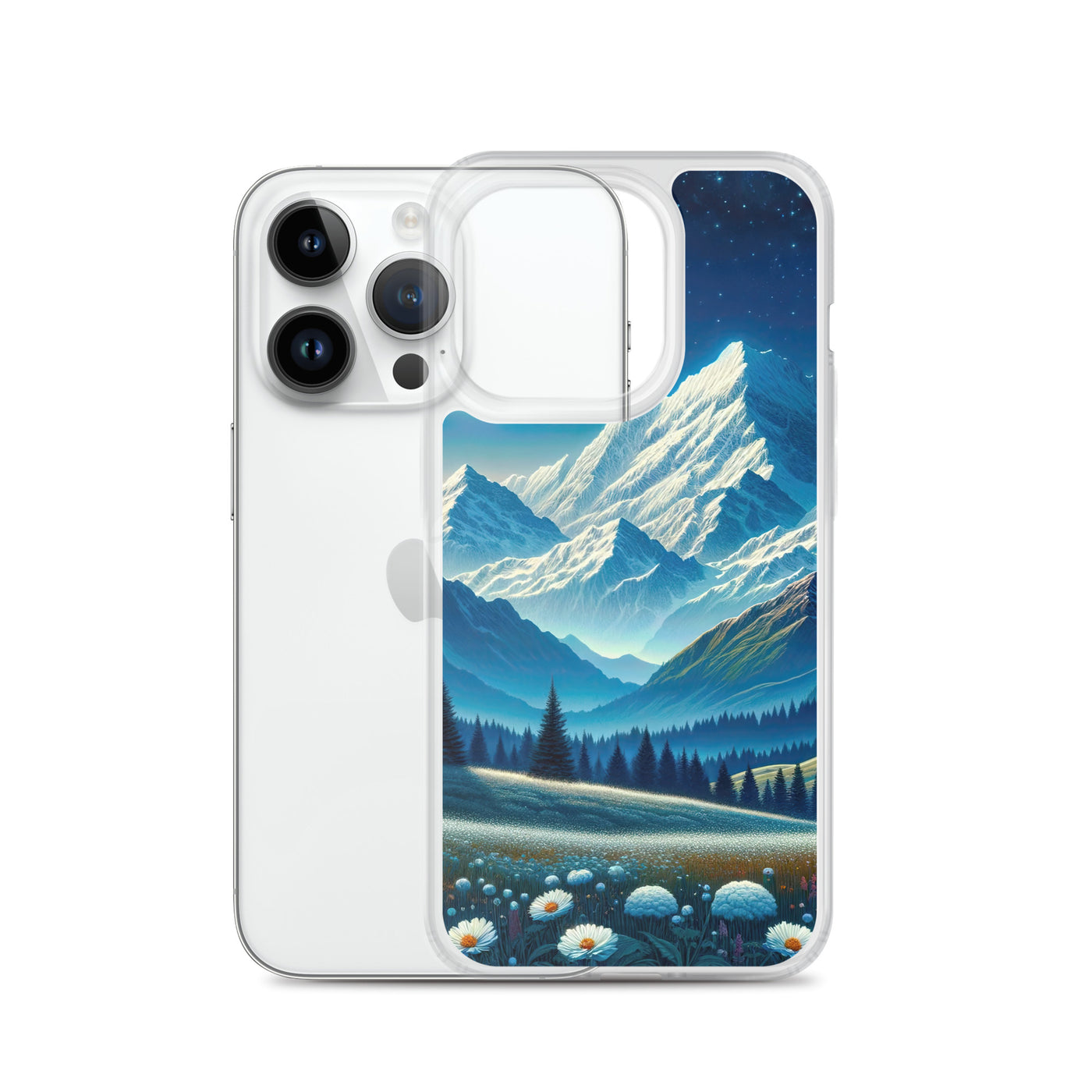 Klare frühlingshafte Alpennacht mit Blumen und Vollmond über Schneegipfeln - iPhone Schutzhülle (durchsichtig) berge xxx yyy zzz