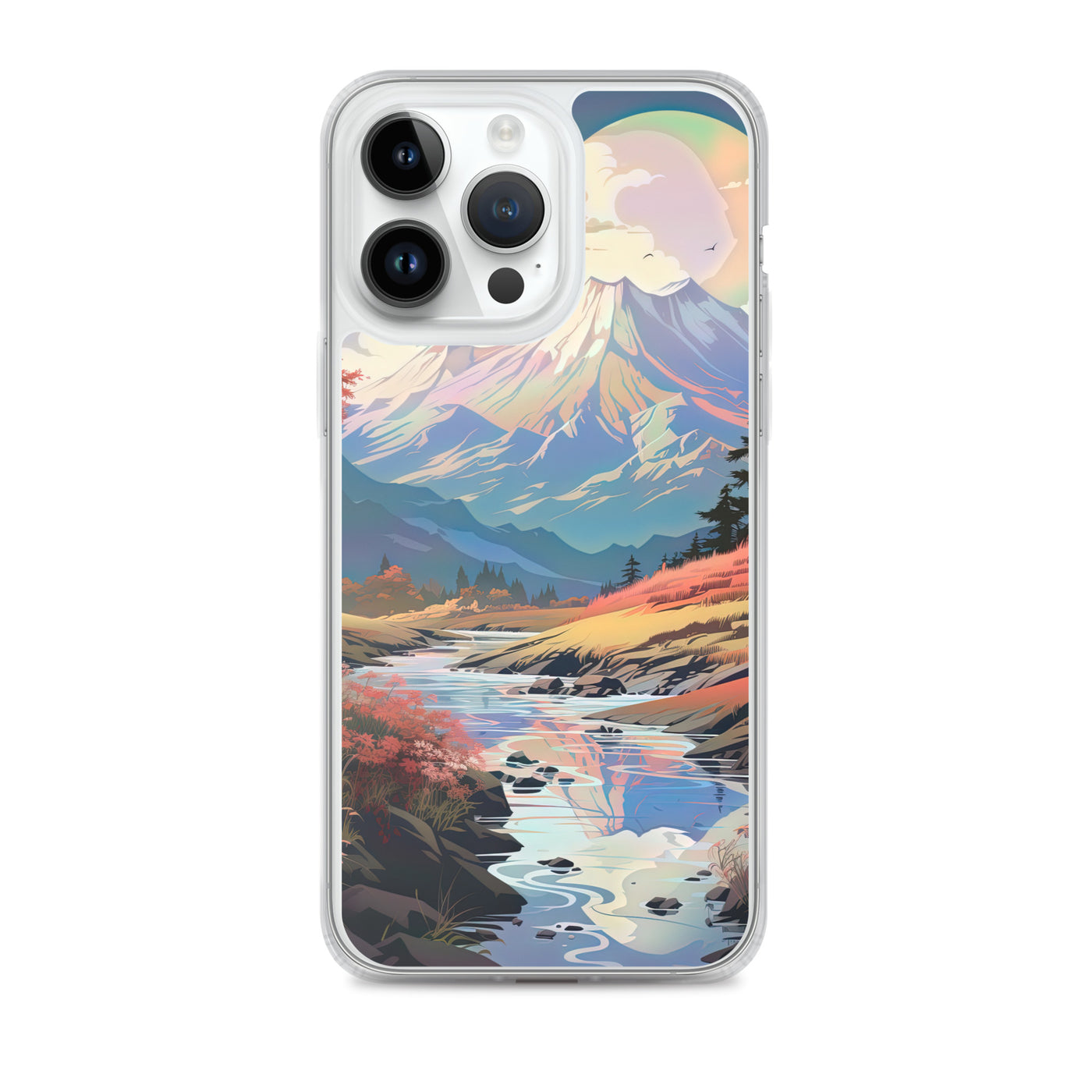 Berge. Fluss und Blumen - Malerei - iPhone Schutzhülle (durchsichtig) berge xxx iPhone 14 Pro Max