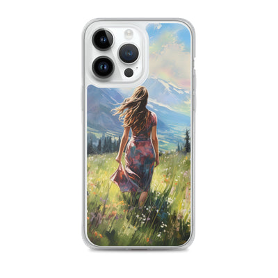 Frau mit langen Kleid im Feld mit Blumen - Berge im Hintergrund - Malerei - iPhone Schutzhülle (durchsichtig) berge xxx iPhone 14 Pro Max