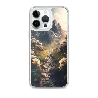 Epischer Berg, steiniger Weg und Blumen - Realistische Malerei - iPhone Schutzhülle (durchsichtig) berge xxx iPhone 14 Pro Max
