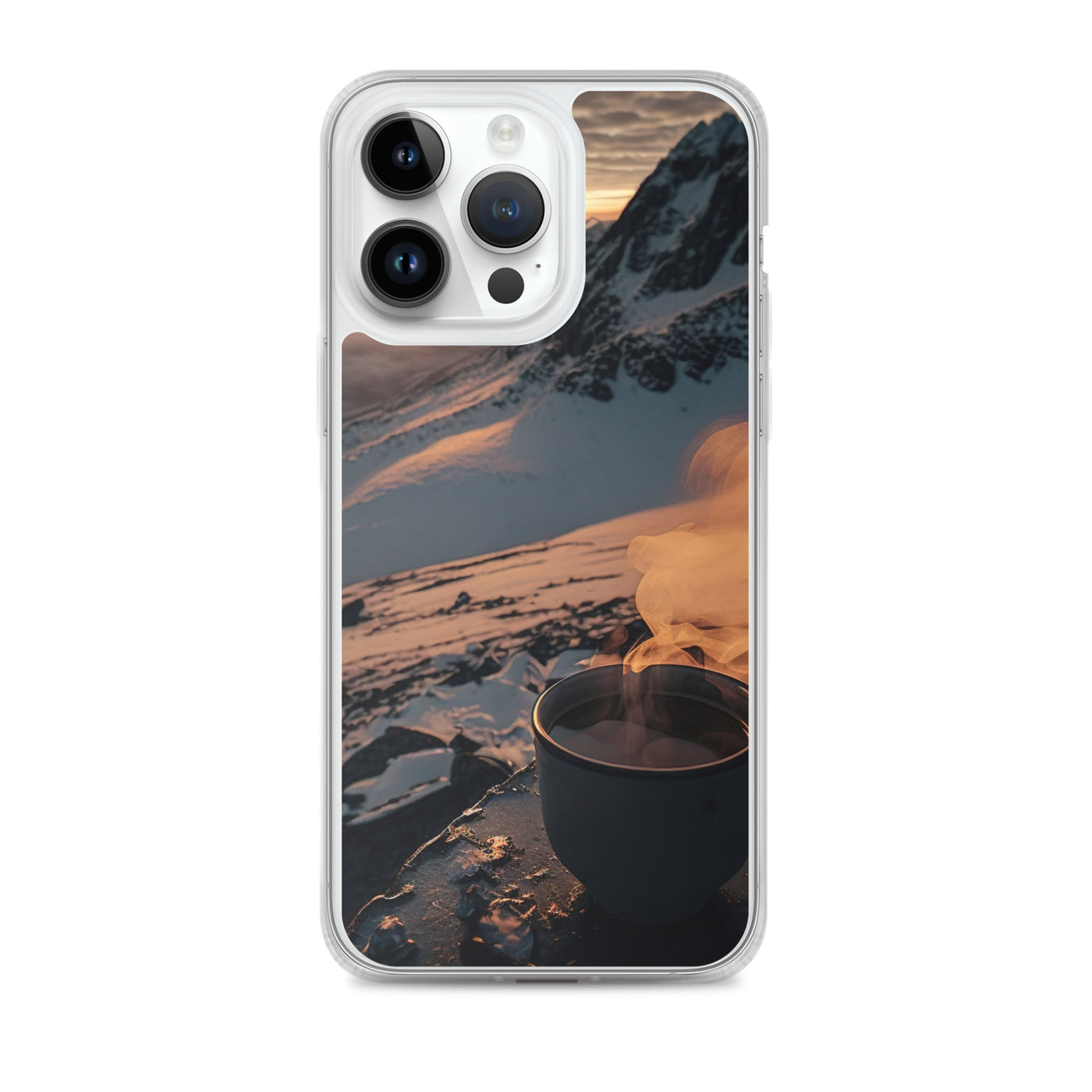 Heißer Kaffee auf einem schneebedeckten Berg - iPhone Schutzhülle (durchsichtig) berge xxx iPhone 14 Pro Max
