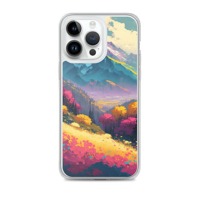 Berge, pinke und gelbe Bäume, sowie Blumen - Farbige Malerei - iPhone Schutzhülle (durchsichtig) berge xxx iPhone 14 Pro Max