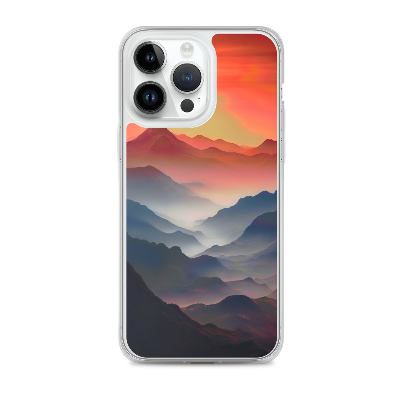 Sonnteruntergang, Gebirge und Nebel - Landschaftsmalerei - iPhone Schutzhülle (durchsichtig) berge xxx iPhone 14 Pro Max