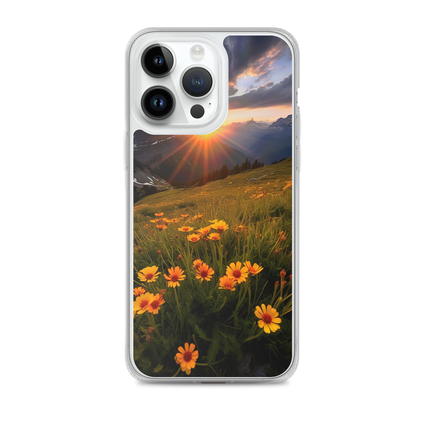 Gebirge, Sonnenblumen und Sonnenaufgang - iPhone Schutzhülle (durchsichtig) berge xxx iPhone 14 Pro Max
