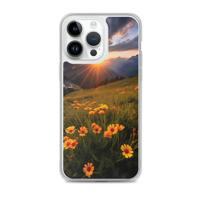 Gebirge, Sonnenblumen und Sonnenaufgang - iPhone Schutzhülle (durchsichtig) berge xxx iPhone 14 Pro Max