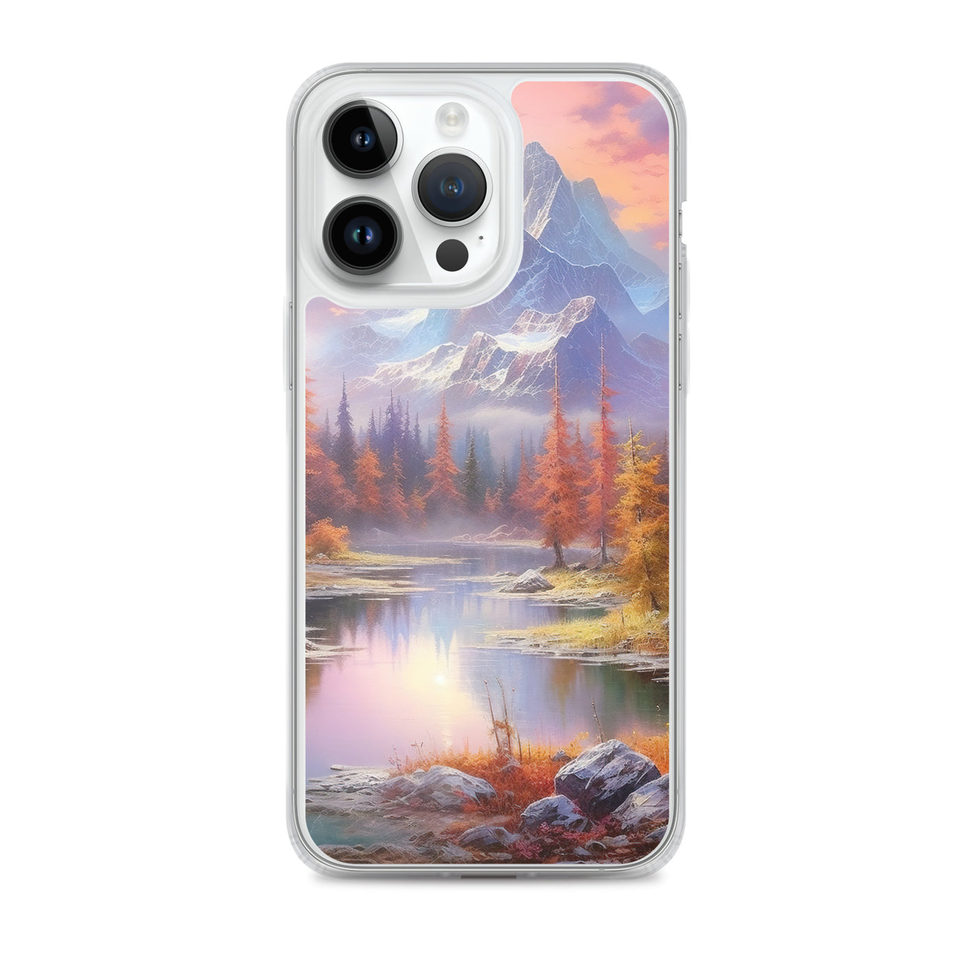 Landschaftsmalerei - Berge, Bäume, Bergsee und Herbstfarben - iPhone Schutzhülle (durchsichtig) berge xxx iPhone 14 Pro Max