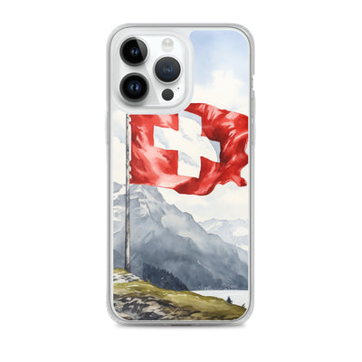 Schweizer Flagge und Berge im Hintergrund - Epische Stimmung - Malerei - iPhone Schutzhülle (durchsichtig) berge xxx iPhone 14 Pro Max