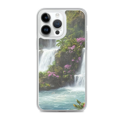 Wasserfall im Wald und Blumen - Schöne Malerei - iPhone Schutzhülle (durchsichtig) camping xxx iPhone 14 Pro Max