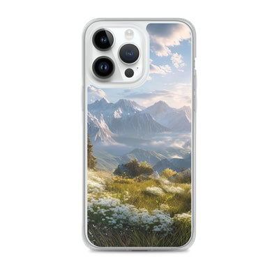 Berglandschaft mit Sonnenschein, Blumen und Bäumen - Malerei - iPhone Schutzhülle (durchsichtig) berge xxx iPhone 14 Pro Max