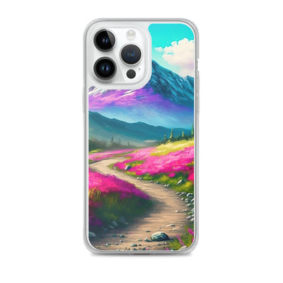 Berg, pinke Blumen und Wanderweg - Landschaftsmalerei - iPhone Schutzhülle (durchsichtig) berge xxx iPhone 14 Pro Max