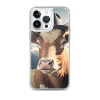 Kuh mit Hut in den Alpen - Berge im Hintergrund - Landschaftsmalerei - iPhone Schutzhülle (durchsichtig) berge xxx iPhone 14 Pro Max