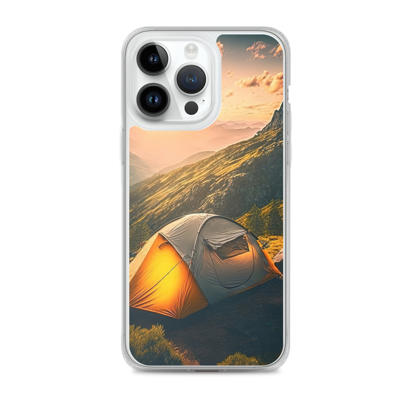 Zelt auf Berg im Sonnenaufgang - Landschafts - iPhone Schutzhülle (durchsichtig) camping xxx iPhone 14 Pro Max