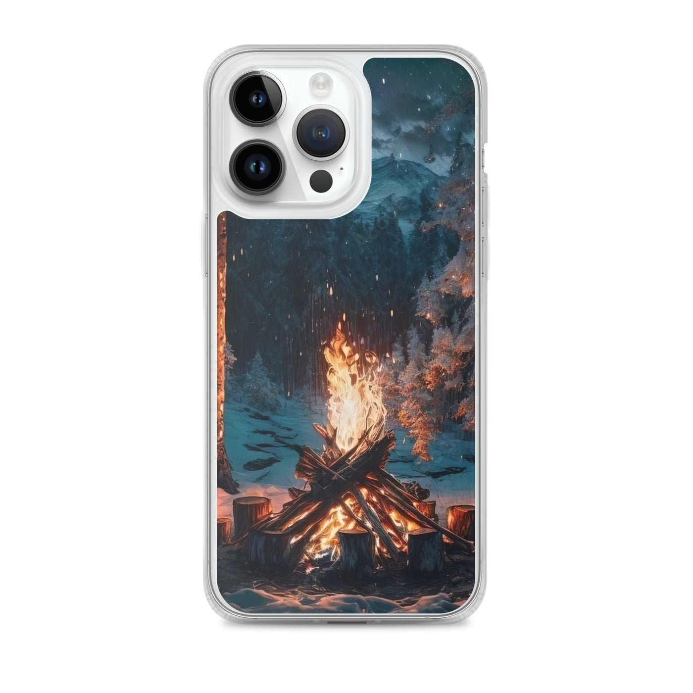 Lagerfeuer beim Camping - Wald mit Schneebedeckten Bäumen - Malerei - iPhone Schutzhülle (durchsichtig) camping xxx iPhone 14 Pro Max