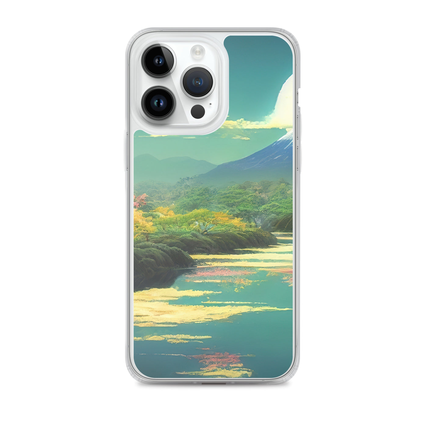 Berg, See und Wald mit pinken Bäumen - Landschaftsmalerei - iPhone Schutzhülle (durchsichtig) berge xxx iPhone 14 Pro Max