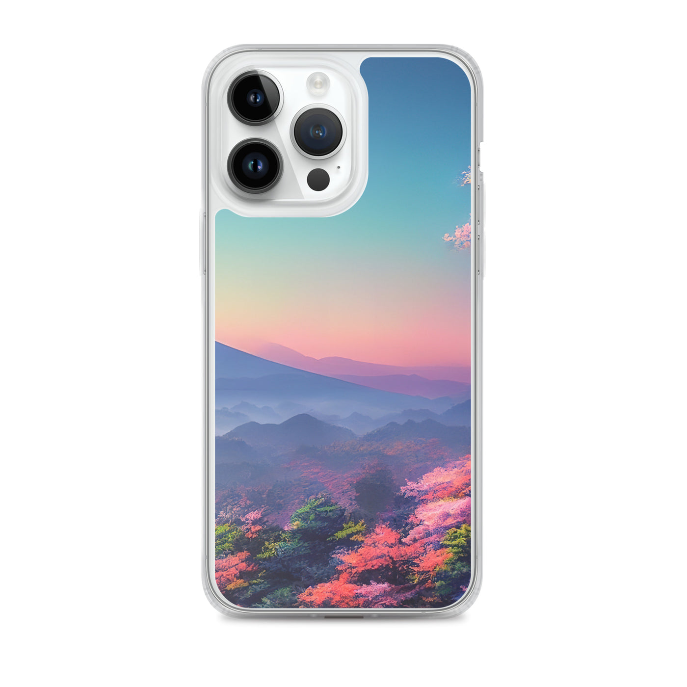 Berg und Wald mit pinken Bäumen - Landschaftsmalerei - iPhone Schutzhülle (durchsichtig) berge xxx iPhone 14 Pro Max