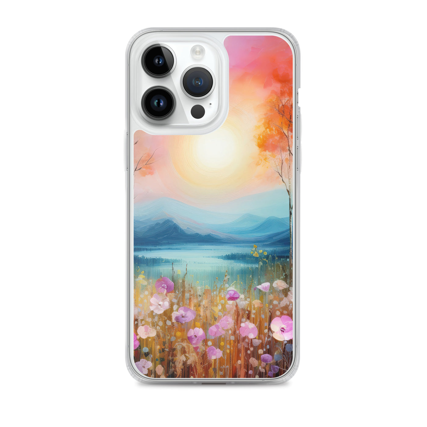 Berge, See, pinke Bäume und Blumen - Malerei - iPhone Schutzhülle (durchsichtig) berge xxx iPhone 14 Pro Max