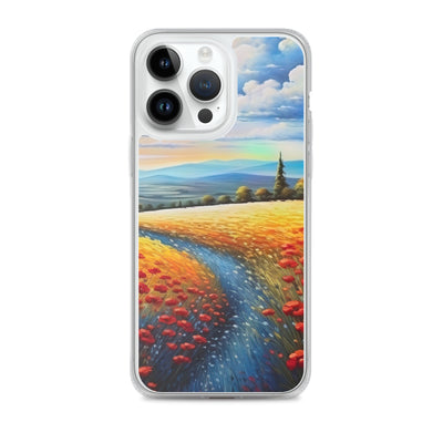 Feld mit roten Blumen und Berglandschaft - Landschaftsmalerei - iPhone Schutzhülle (durchsichtig) berge xxx iPhone 14 Pro Max