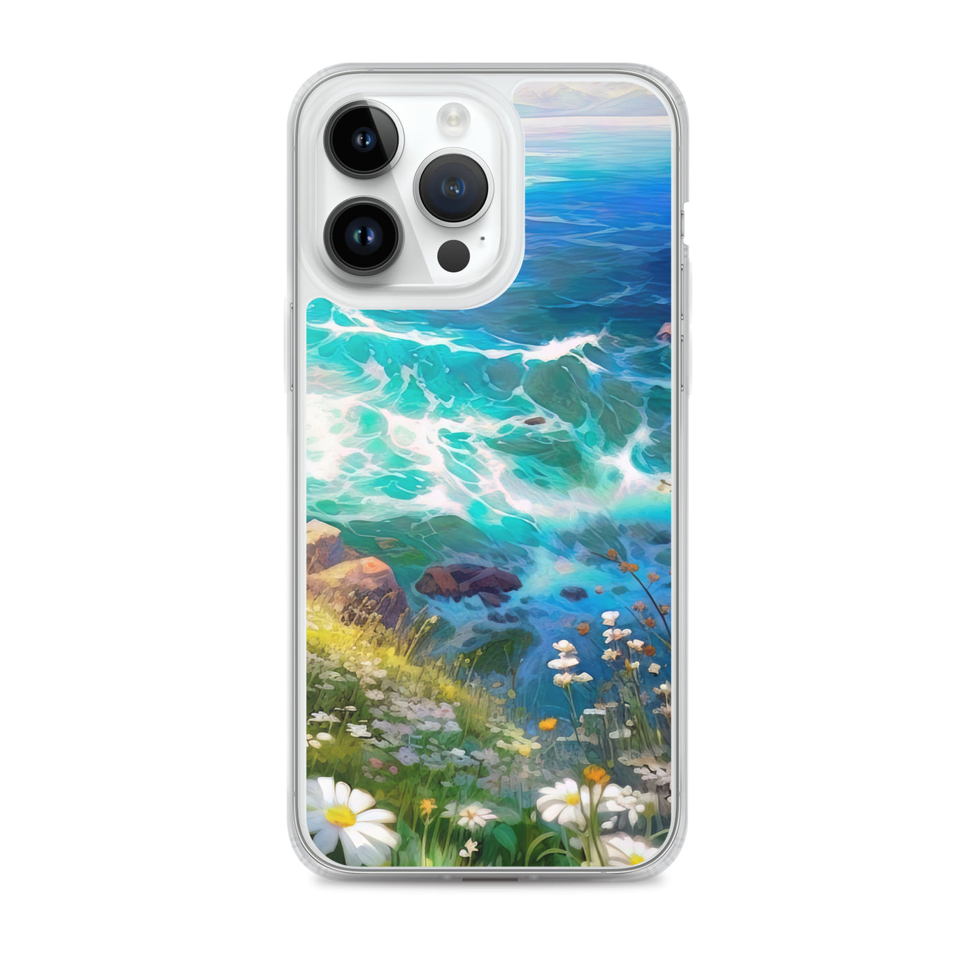 Berge, Blumen, Fluss und Steine - Malerei - iPhone Schutzhülle (durchsichtig) camping xxx iPhone 14 Pro Max