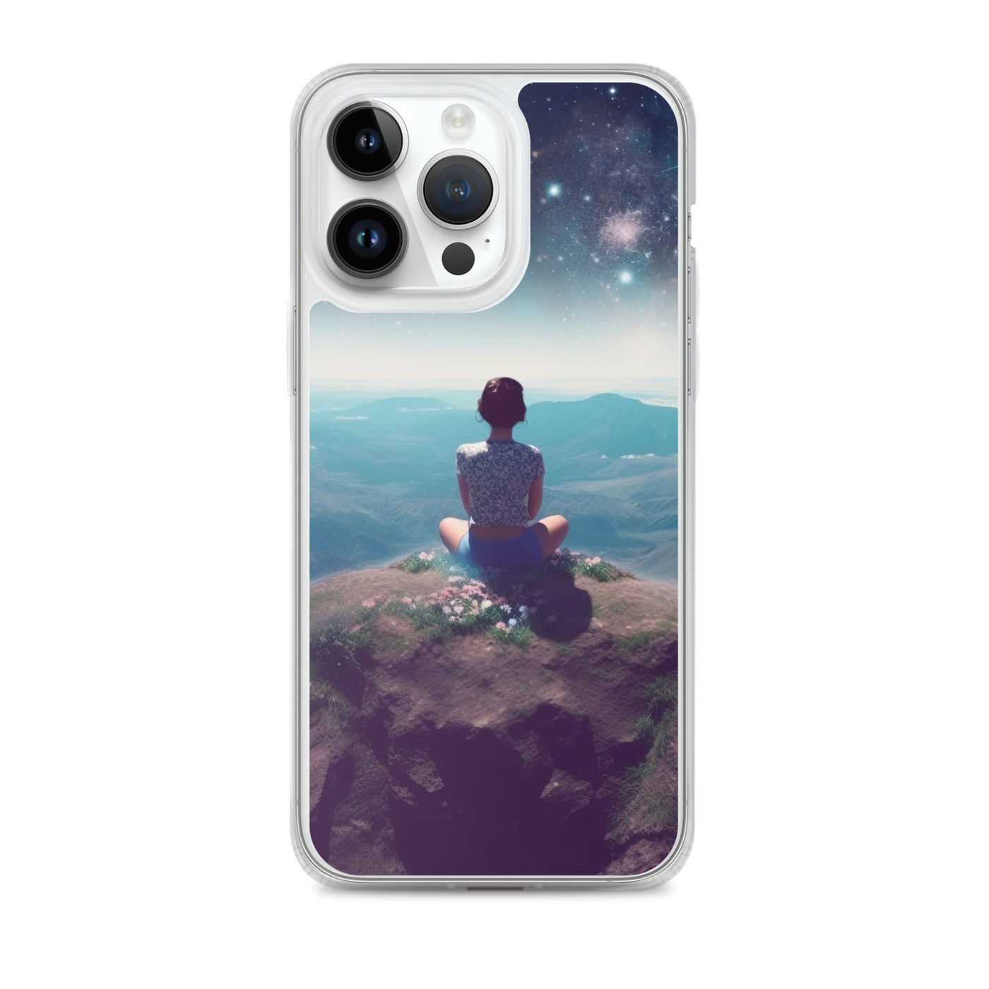 Frau sitzt auf Berg – Cosmos und Sterne im Hintergrund - Landschaftsmalerei - iPhone Schutzhülle (durchsichtig) berge xxx iPhone 14 Pro Max