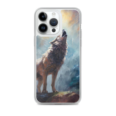 Heulender Wolf auf Berggipfel und Mond im Hintergrund – Abstrakte Malerei - iPhone Schutzhülle (durchsichtig) camping xxx iPhone 14 Pro Max
