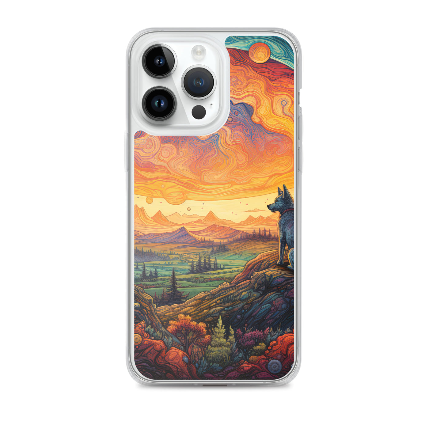 Hund auf Felsen - Epische bunte Landschaft - Malerei - iPhone Schutzhülle (durchsichtig) camping xxx iPhone 14 Pro Max