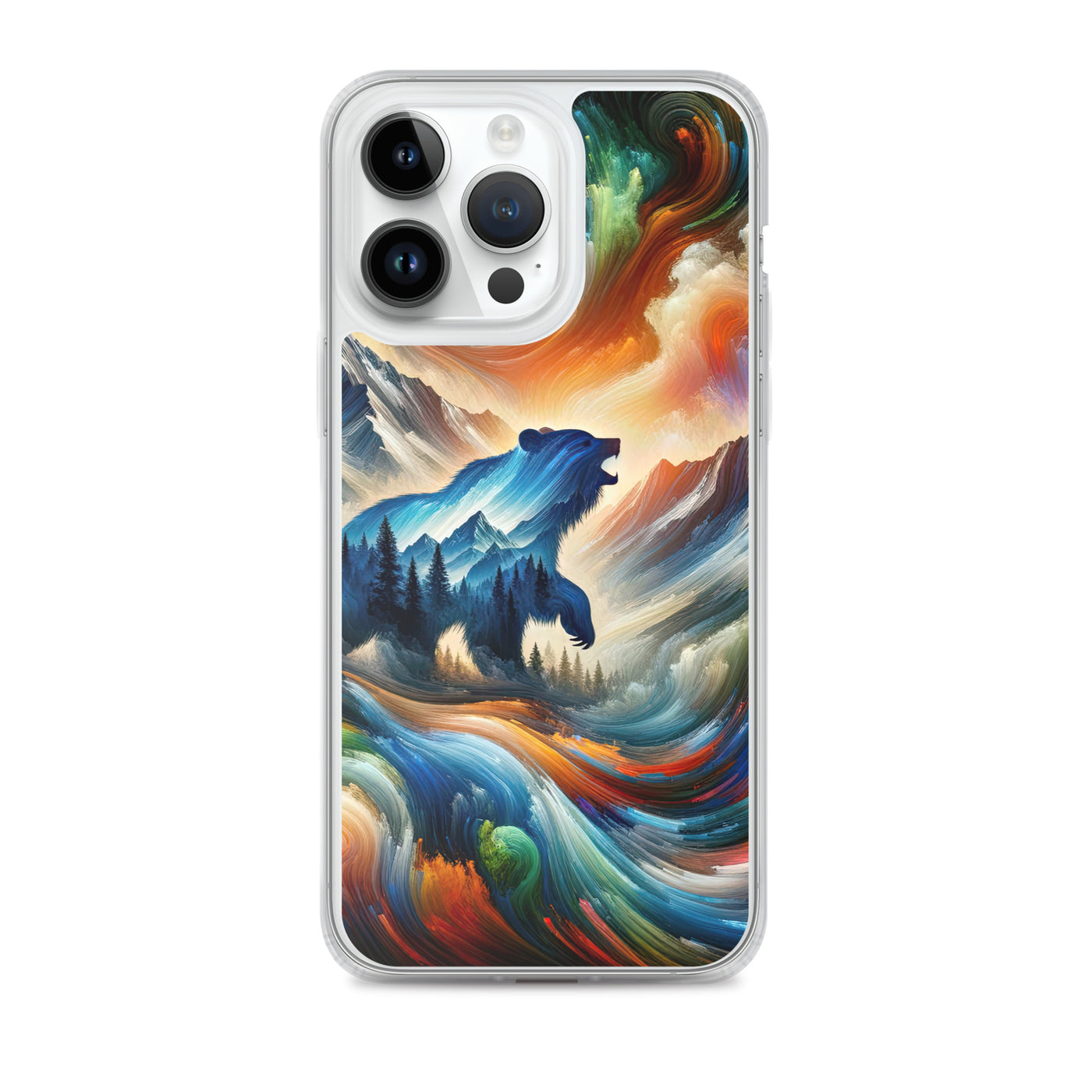 Lebendige Alpen und Bären Sillhouette über Berggipfel - Abstraktes Gemälde - iPhone Schutzhülle (durchsichtig) camping xxx yyy zzz iPhone 14 Pro Max