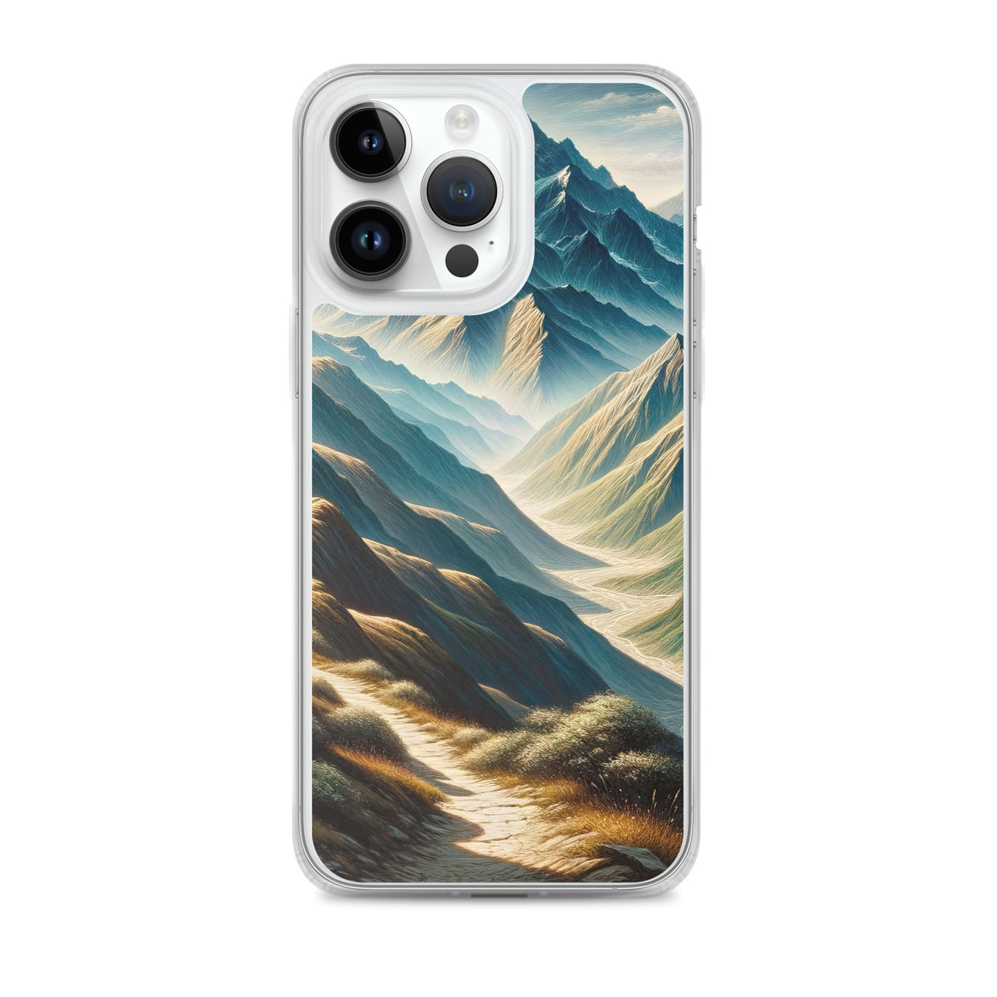 Berglandschaft: Acrylgemälde mit hervorgehobenem Pfad - iPhone Schutzhülle (durchsichtig) berge xxx yyy zzz iPhone 14 Pro Max