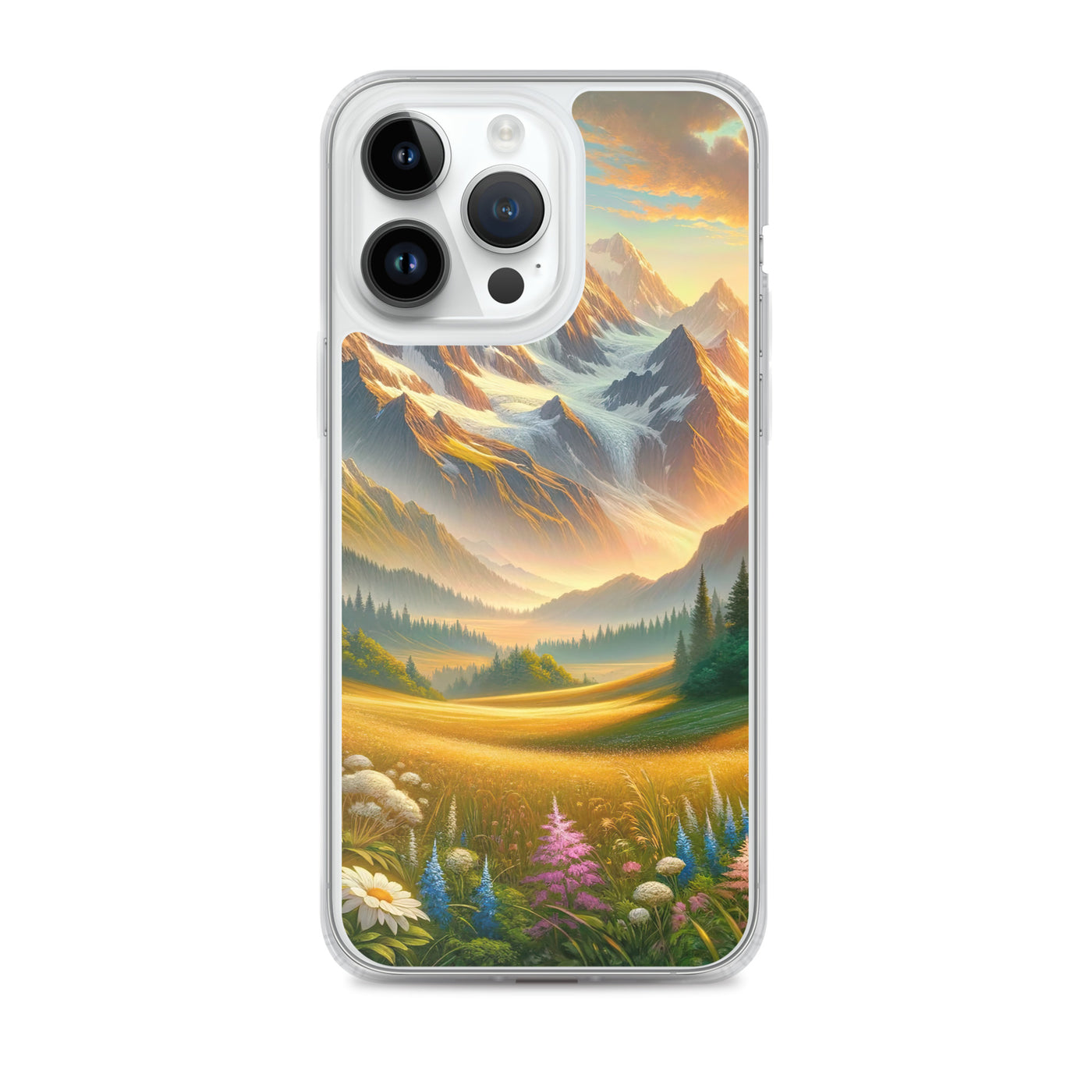 Heitere Alpenschönheit: Schneeberge und Wildblumenwiesen - iPhone Schutzhülle (durchsichtig) berge xxx yyy zzz iPhone 14 Pro Max