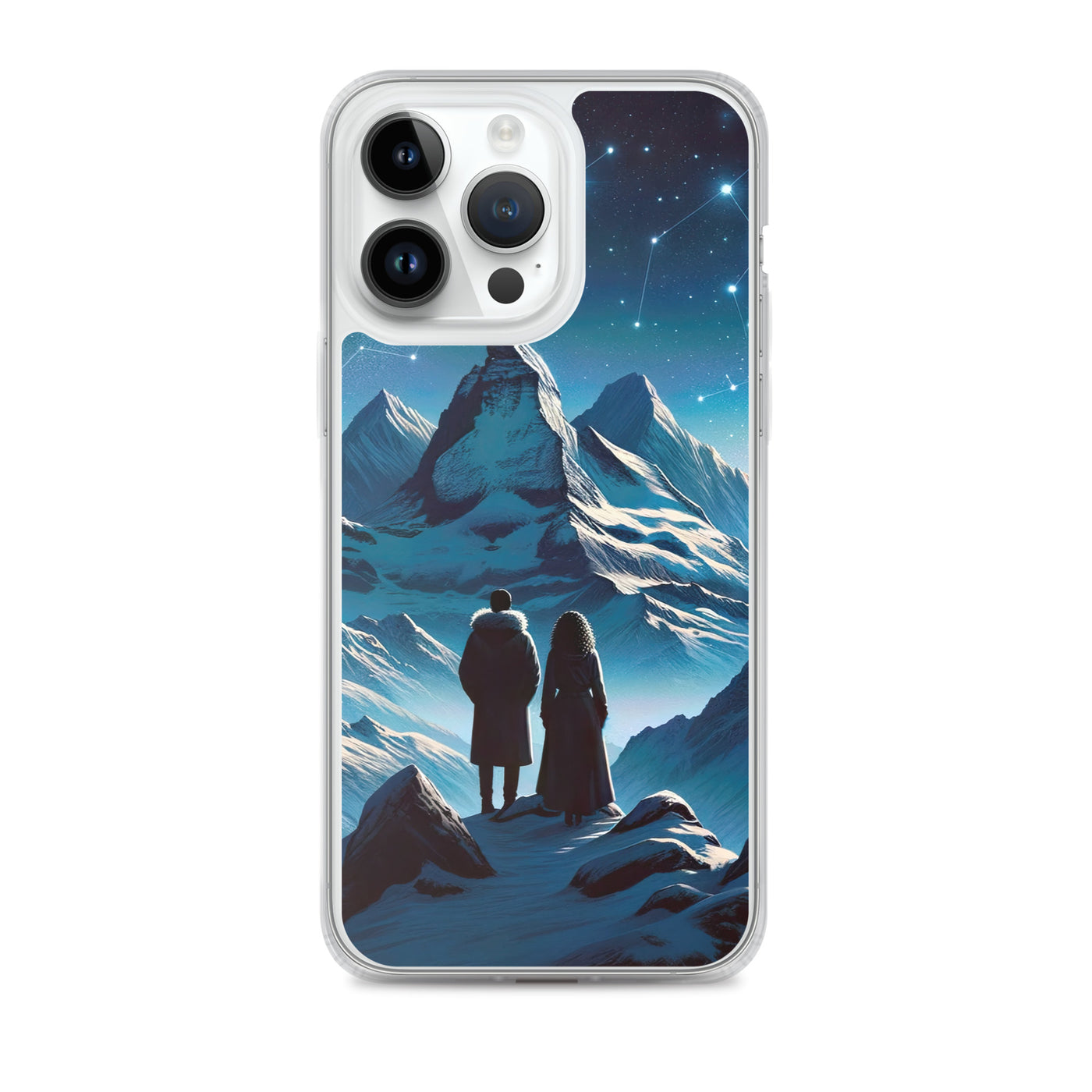 Alpenwinternacht: Digitale Kunst mit Wanderern in Bergen und Sternenhimmel - iPhone Schutzhülle (durchsichtig) wandern xxx yyy zzz iPhone 14 Pro Max