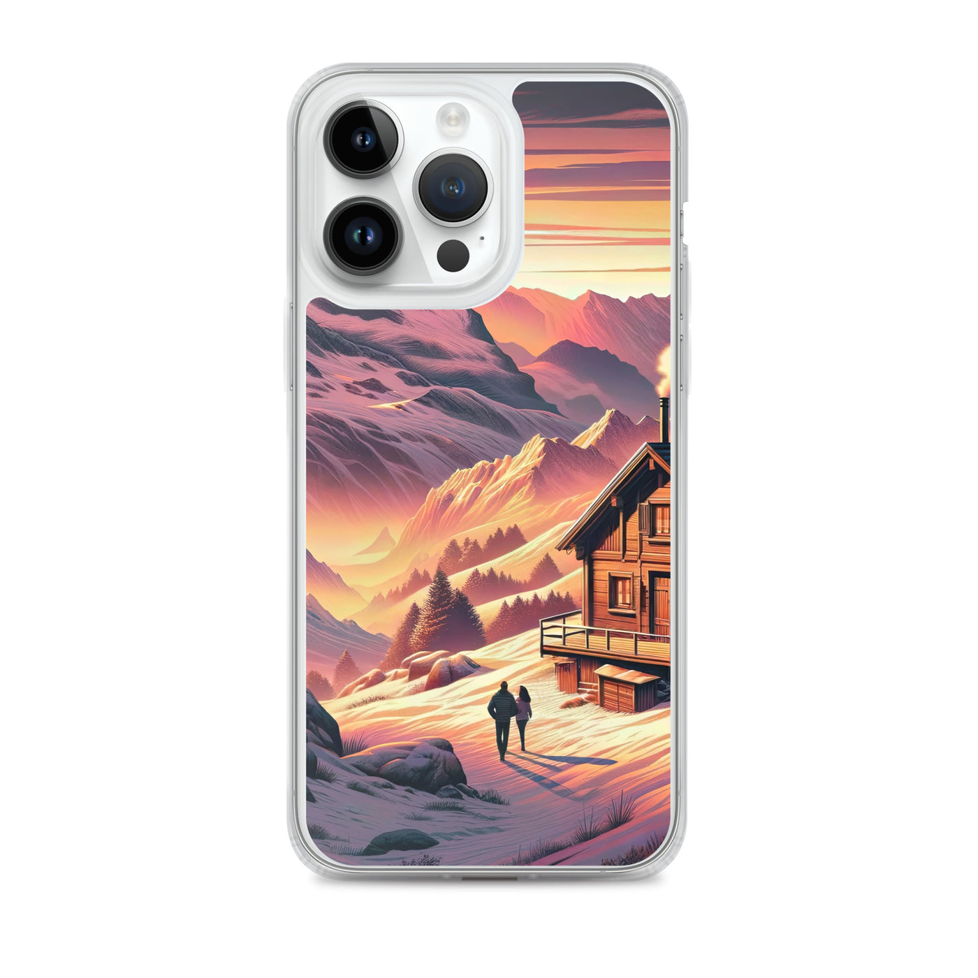 Berghütte im goldenen Sonnenuntergang: Digitale Alpenillustration - iPhone Schutzhülle (durchsichtig) berge xxx yyy zzz iPhone 14 Pro Max