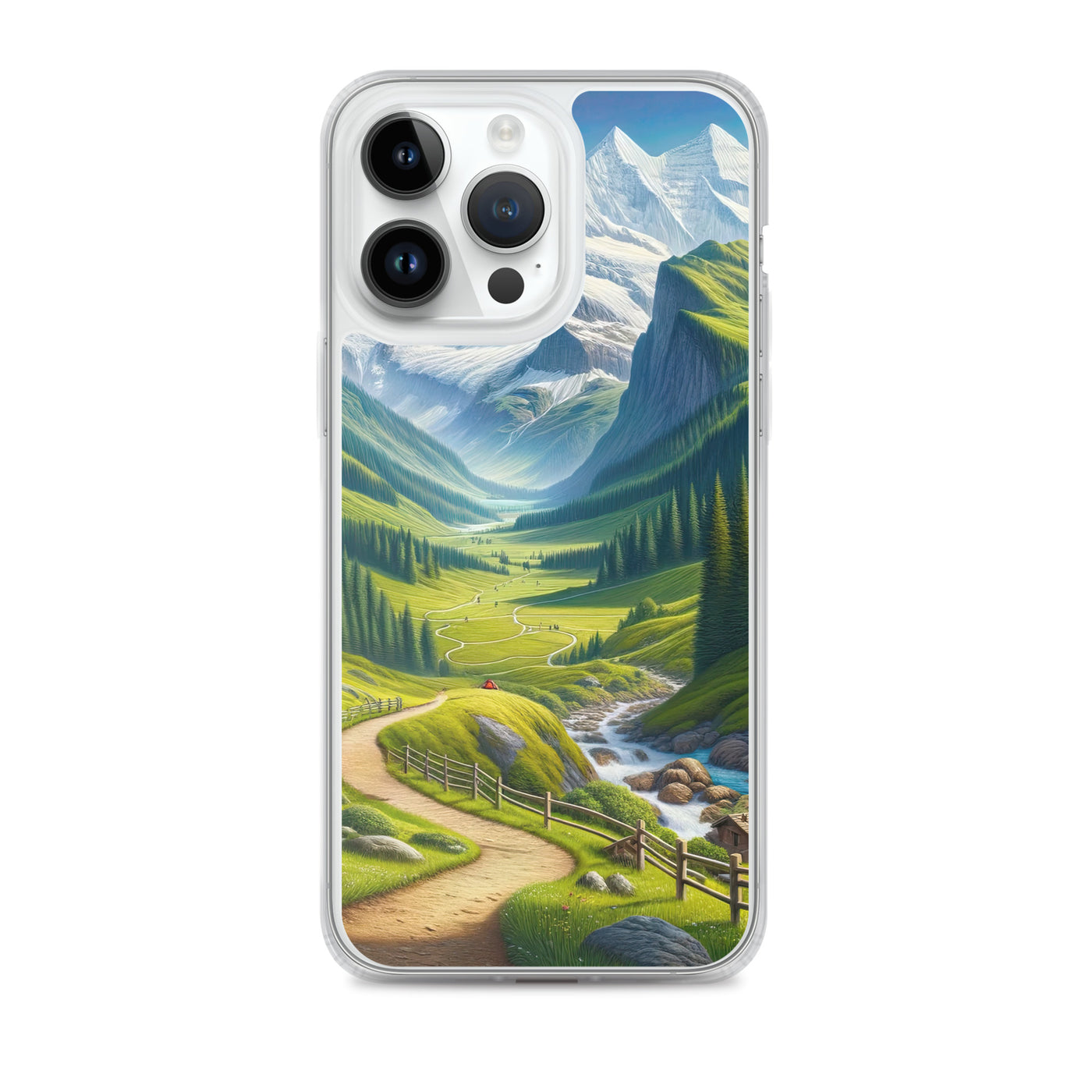 Wanderer in den Bergen und Wald: Digitale Malerei mit grünen kurvenreichen Pfaden - iPhone Schutzhülle (durchsichtig) wandern xxx yyy zzz iPhone 14 Pro Max