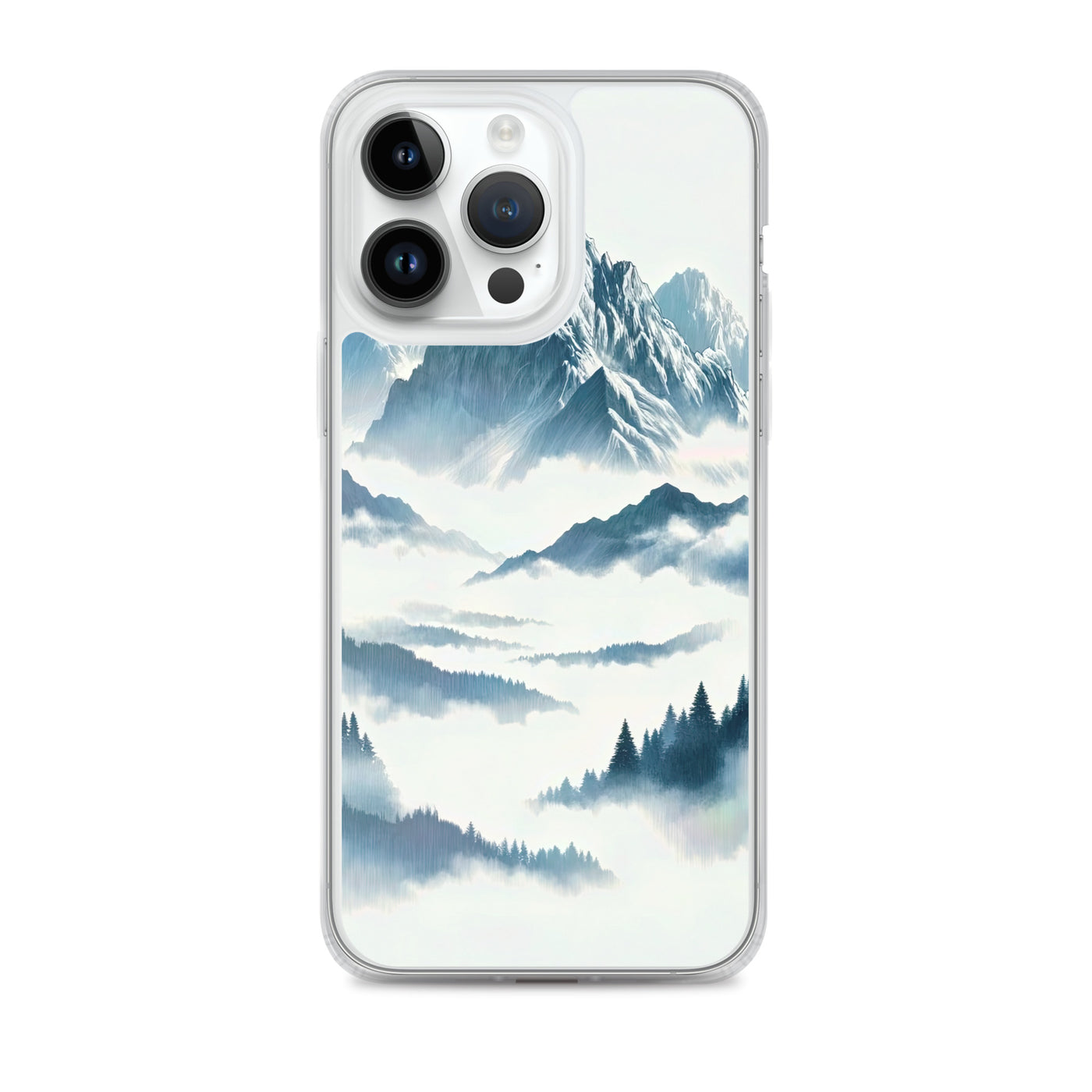 Nebeliger Alpenmorgen-Essenz, verdeckte Täler und Wälder - iPhone Schutzhülle (durchsichtig) berge xxx yyy zzz iPhone 14 Pro Max