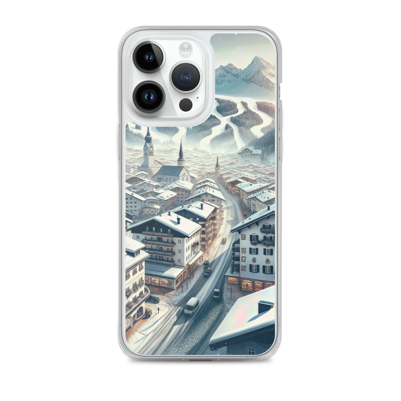 Winter in Kitzbühel: Digitale Malerei von schneebedeckten Dächern - iPhone Schutzhülle (durchsichtig) berge xxx yyy zzz iPhone 14 Pro Max