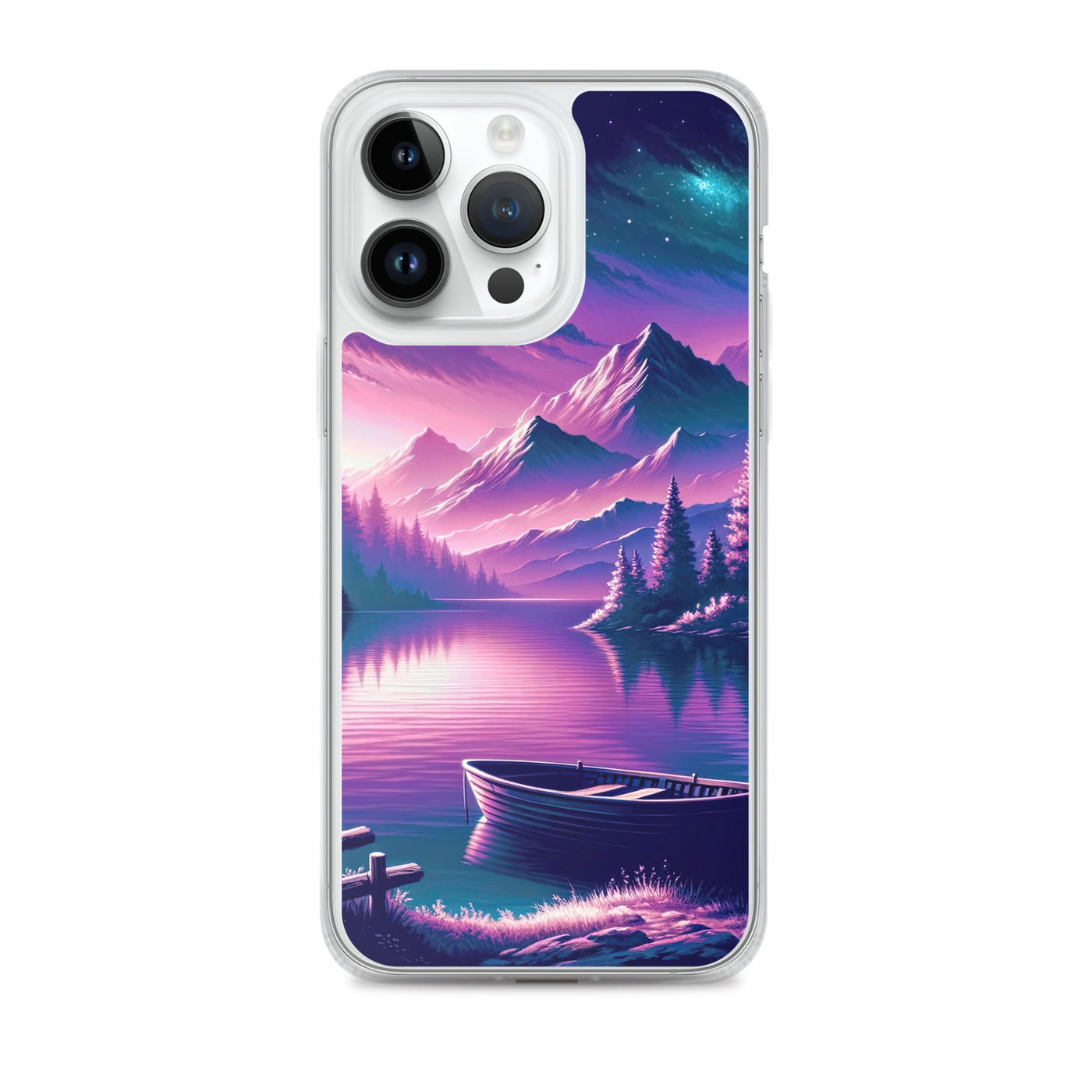 Magische Alpen-Dämmerung, rosa-lila Himmel und Bergsee mit Boot - iPhone Schutzhülle (durchsichtig) berge xxx yyy zzz iPhone 14 Pro Max