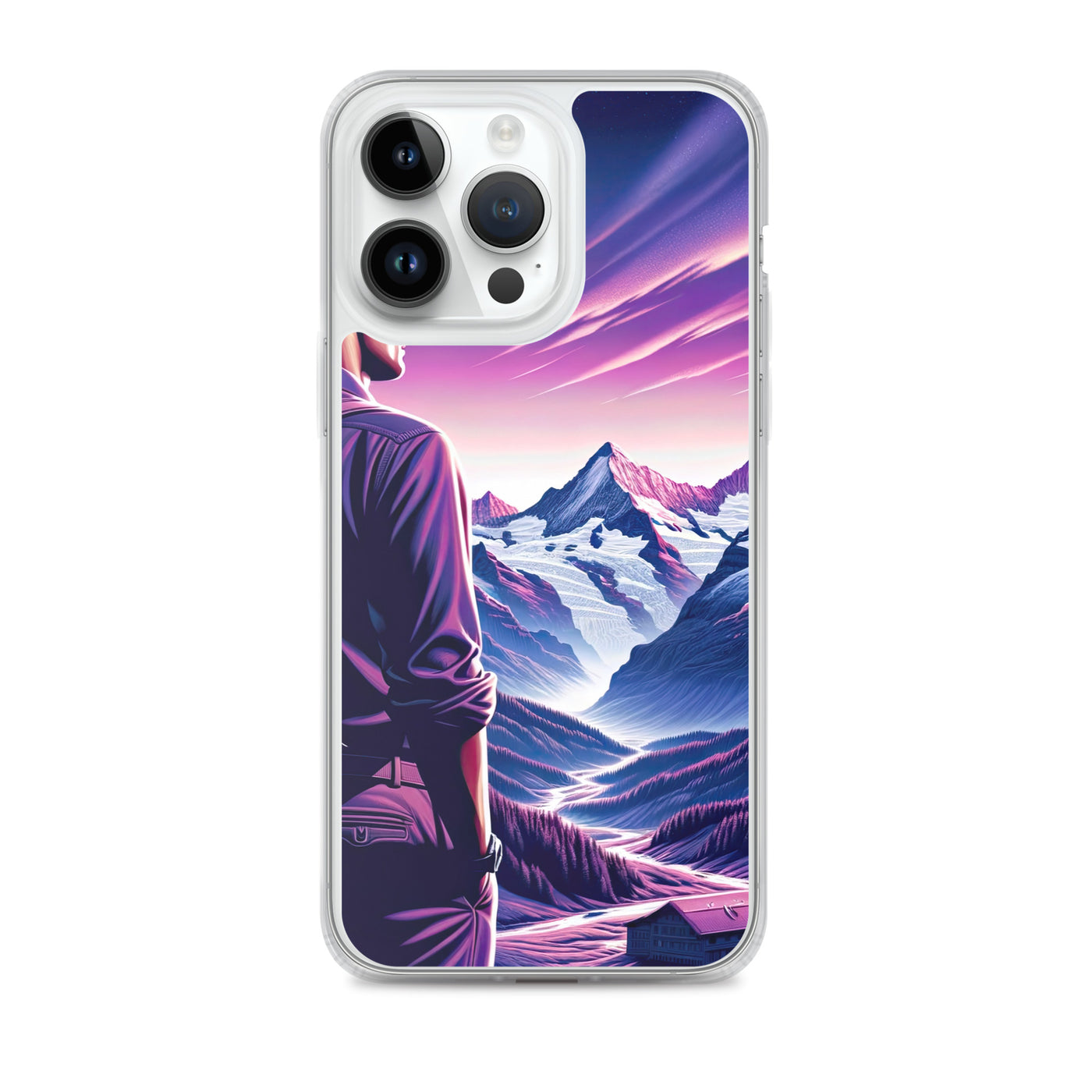 Wanderer in alpiner Dämmerung, schneebedeckte Gipfel ins Unendliche - iPhone Schutzhülle (durchsichtig) wandern xxx yyy zzz iPhone 14 Pro Max