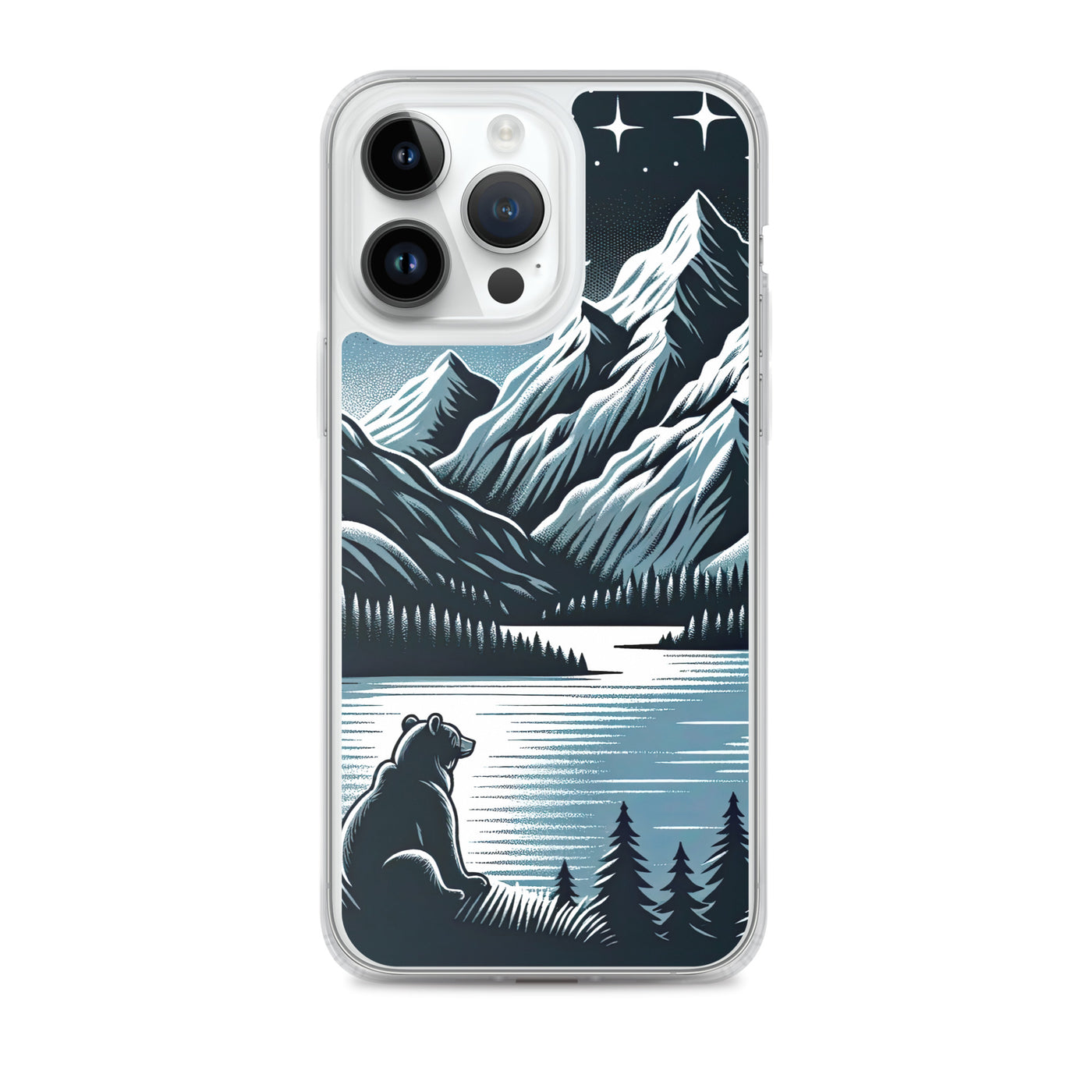 Bär in Alpen-Mondnacht, silberne Berge, schimmernde Seen - iPhone Schutzhülle (durchsichtig) camping xxx yyy zzz iPhone 14 Pro Max