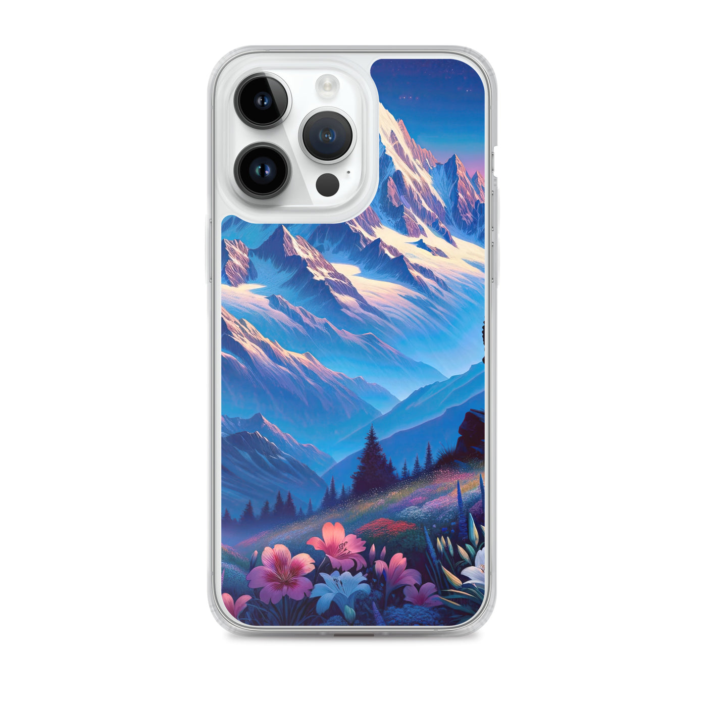 Steinbock bei Dämmerung in den Alpen, sonnengeküsste Schneegipfel - iPhone Schutzhülle (durchsichtig) berge xxx yyy zzz iPhone 14 Pro Max