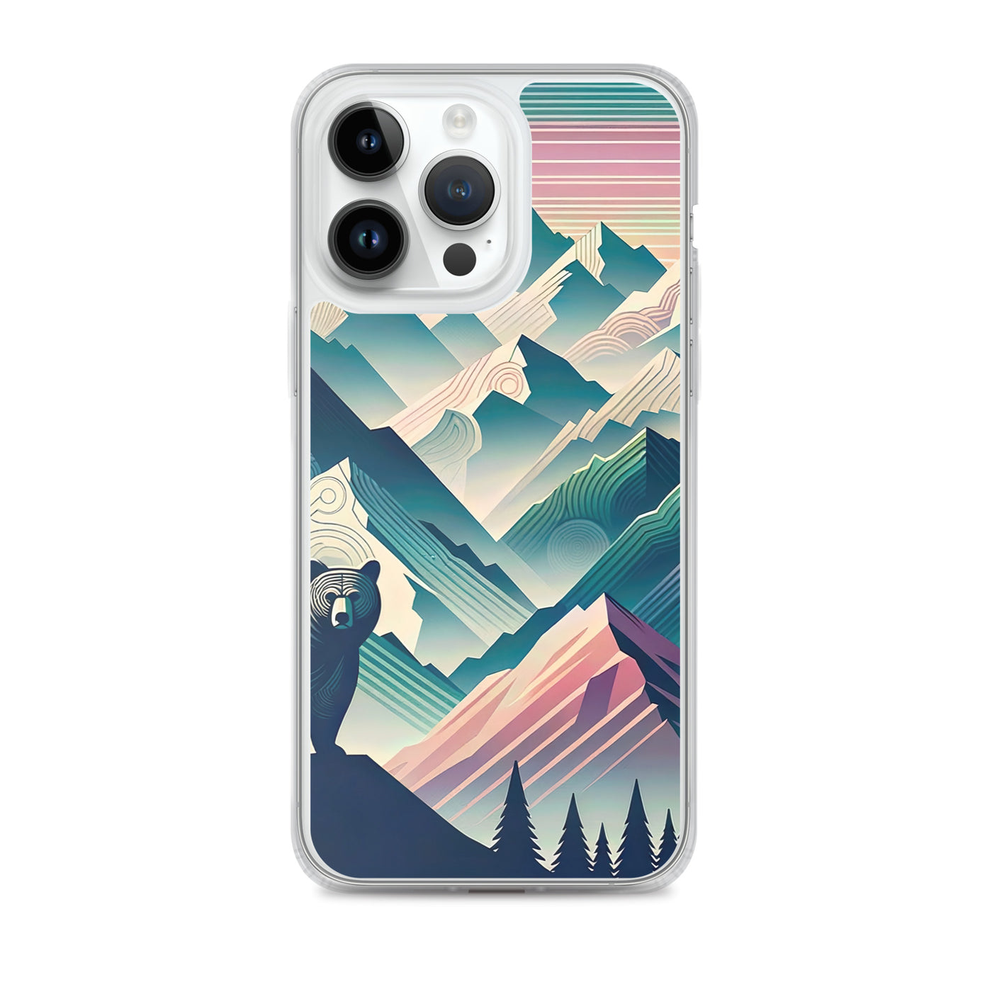 Bär im Panoramablick der Alpen, moderne Kunst-Gebirgsschichten - iPhone Schutzhülle (durchsichtig) camping xxx yyy zzz iPhone 14 Pro Max