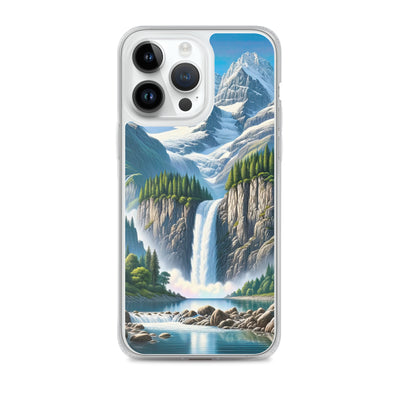 Illustration einer unberührten Alpenkulisse im Hochsommer. Wasserfall und See - iPhone Schutzhülle (durchsichtig) berge xxx yyy zzz iPhone 14 Pro Max