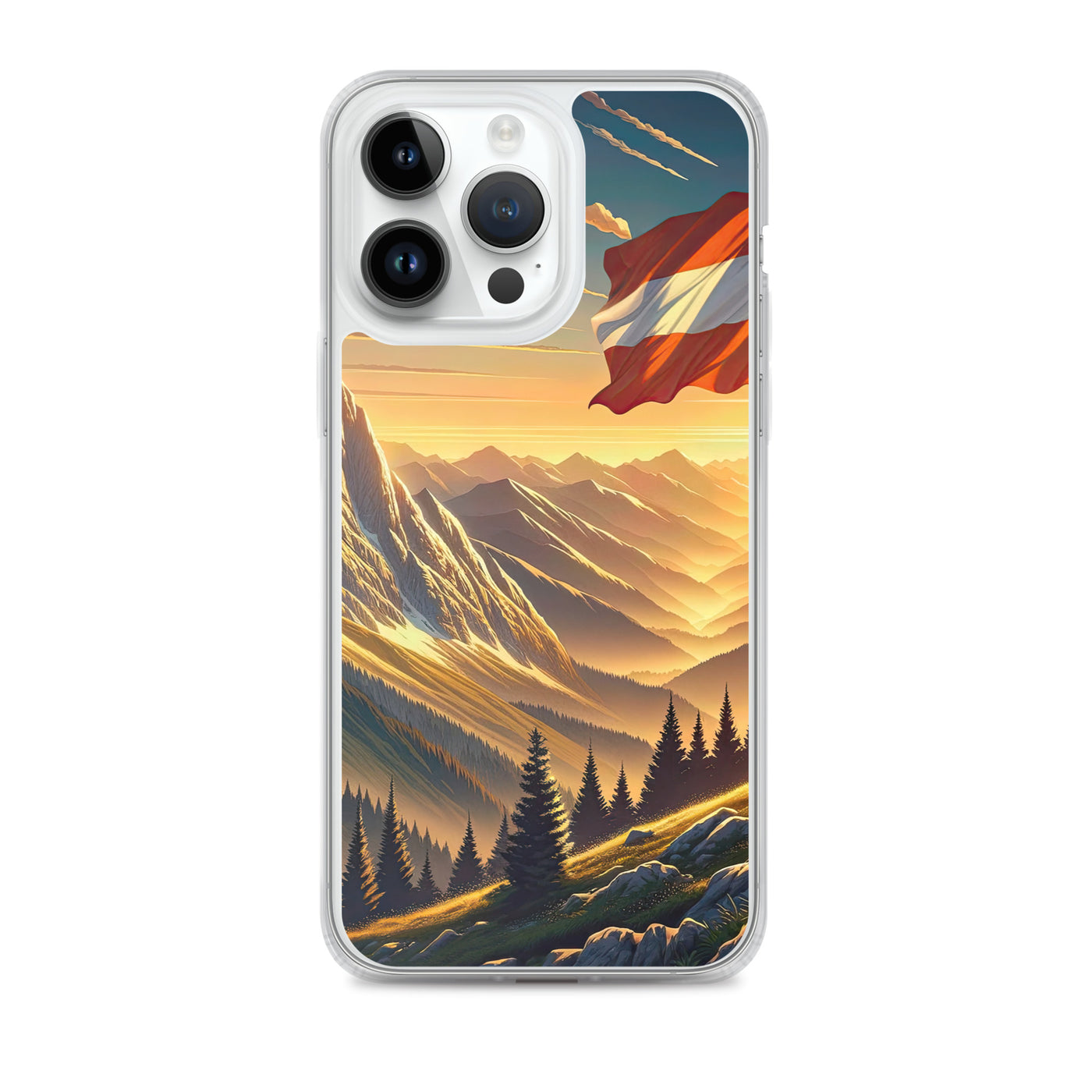 Ruhiger Alpenabend mit österreichischer Flagge und goldenem Sonnenuntergang - iPhone Schutzhülle (durchsichtig) berge xxx yyy zzz iPhone 14 Pro Max